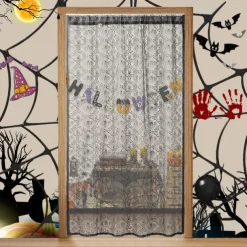Halloween Door Cover Front Door Curtain Decoration, Halloween Broomstick Bats Flying Jagged Bottom Display
