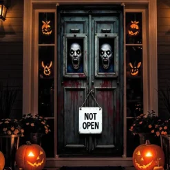 Halloween Door Cover Front Door Curtain Decoration, Halloween Broomstick Bats Flying Jagged Bottom Display