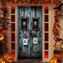 Halloween Door Cover Front Door Curtain Decoration, Halloween Broomstick Bats Flying Jagged Bottom Display