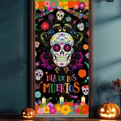 Halloween Door Cover Neon Sugar Skull Día de los Muertos Banner, Glowing Blacklight Entrance Decoration for Outdoor & Indoor 2025 Halloween Bedroom, Living Room, Bathroom