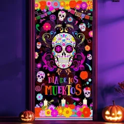 Halloween Door Cover Neon Sugar Skull Día de los Muertos Banner, Glowing Blacklight Entrance Decoration for Outdoor & Indoor 2025 Halloween Bedroom, Living Room, Bathroom