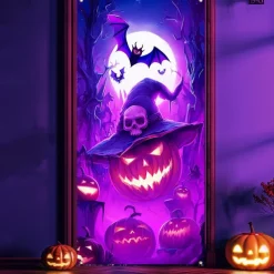 Halloween Door Cover Neon Pumpkin Head Witch Banner, Glowing Blacklight Entrance Decoration for Outdoor & Indoor 2025 Halloween Bedroom, Living Room, Bathroom