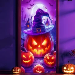 Halloween Door Cover Neon Pumpkin Head Witch Banner, Glowing Blacklight Entrance Decoration for Outdoor & Indoor 2025 Halloween Bedroom, Living Room, Bathroom