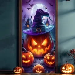 Halloween Door Cover Neon Pumpkin Head Witch Banner, Glowing Blacklight Entrance Decoration for Outdoor & Indoor 2025 Halloween Bedroom, Living Room, Bathroom