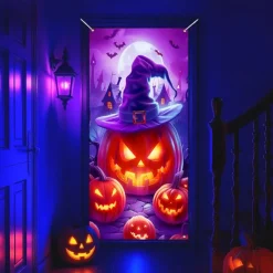 Halloween Door Cover Neon Pumpkin Head Witch Banner, Glowing Blacklight Entrance Decoration for Outdoor & Indoor 2025 Halloween Bedroom, Living Room, Bathroom