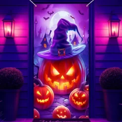 Halloween Door Cover Neon Pumpkin Head Witch Banner, Glowing Blacklight Entrance Decoration for Outdoor & Indoor 2025 Halloween Bedroom, Living Room, Bathroom