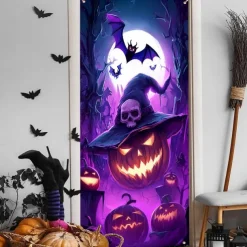 Halloween Door Cover Neon Pumpkin Head Witch Banner, Glowing Blacklight Entrance Decoration for Outdoor & Indoor 2025 Halloween Bedroom, Living Room, Bathroom