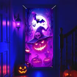 Halloween Door Cover Neon Pumpkin Head Witch Banner, Glowing Blacklight Entrance Decoration for Outdoor & Indoor 2025 Halloween Bedroom, Living Room, Bathroom