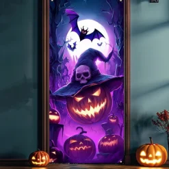 Halloween Door Cover Neon Pumpkin Head Witch Banner, Glowing Blacklight Entrance Decoration for Outdoor & Indoor 2025 Halloween Bedroom, Living Room, Bathroom