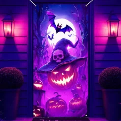 Halloween Door Cover Neon Pumpkin Head Witch Banner, Glowing Blacklight Entrance Decoration for Outdoor & Indoor 2025 Halloween Bedroom, Living Room, Bathroom