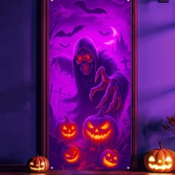 Halloween Door Cover Neon Grim Reaper with Pumpkins Banner, Glowing Blacklight Entrance Decoration for Outdoor & Indoor 2025 Halloween Bedroom, Living Room, Bathroom