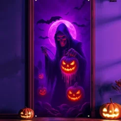 Halloween Door Cover Neon Grim Reaper with Pumpkins Banner, Glowing Blacklight Entrance Decoration for Outdoor & Indoor 2025 Halloween Bedroom, Living Room, Bathroom