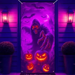 Halloween Door Cover Neon Grim Reaper with Pumpkins Banner, Glowing Blacklight Entrance Decoration for Outdoor & Indoor 2025 Halloween Bedroom, Living Room, Bathroom