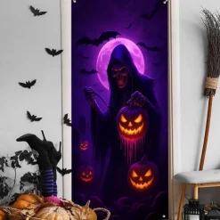 Halloween Door Cover Neon Grim Reaper with Pumpkins Banner, Glowing Blacklight Entrance Decoration for Outdoor & Indoor 2025 Halloween Bedroom, Living Room, Bathroom