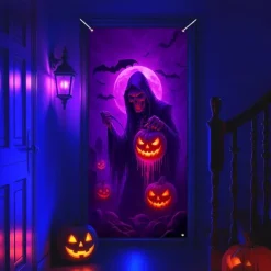 Halloween Door Cover Neon Grim Reaper with Pumpkins Banner, Glowing Blacklight Entrance Decoration for Outdoor & Indoor 2025 Halloween Bedroom, Living Room, Bathroom