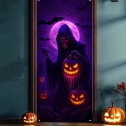 Halloween Door Cover Neon Grim Reaper with Pumpkins Banner, Glowing Blacklight Entrance Decoration for Outdoor & Indoor 2025 Halloween Bedroom, Living Room, Bathroom