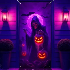 Halloween Door Cover Neon Grim Reaper with Pumpkins Banner, Glowing Blacklight Entrance Decoration for Outdoor & Indoor 2025 Halloween Bedroom, Living Room, Bathroom