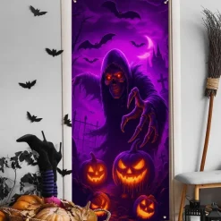 Halloween Door Cover Neon Grim Reaper with Pumpkins Banner, Glowing Blacklight Entrance Decoration for Outdoor & Indoor 2025 Halloween Bedroom, Living Room, Bathroom