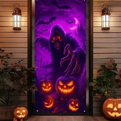 Halloween Door Cover Neon Grim Reaper with Pumpkins Banner, Glowing Blacklight Entrance Decoration for Outdoor & Indoor 2025 Halloween Bedroom, Living Room, Bathroom