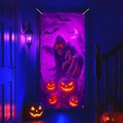 Halloween Door Cover Neon Grim Reaper with Pumpkins Banner, Glowing Blacklight Entrance Decoration for Outdoor & Indoor 2025 Halloween Bedroom, Living Room, Bathroom