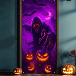 Halloween Door Cover Neon Grim Reaper with Pumpkins Banner, Glowing Blacklight Entrance Decoration for Outdoor & Indoor 2025 Halloween Bedroom, Living Room, Bathroom