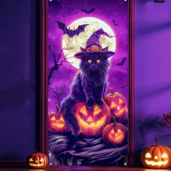 Halloween Door Cover Neon Scarecrow with Pumpkins Banner, Glowing Blacklight Entrance Decoration for Outdoor & Indoor 2025 Halloween Bedroom, Living Room, Bathroom