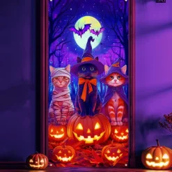 Halloween Door Cover Neon Scarecrow with Pumpkins Banner, Glowing Blacklight Entrance Decoration for Outdoor & Indoor 2025 Halloween Bedroom, Living Room, Bathroom