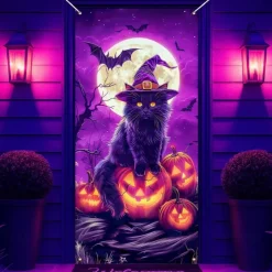 Halloween Door Cover Neon Scarecrow with Pumpkins Banner, Glowing Blacklight Entrance Decoration for Outdoor & Indoor 2025 Halloween Bedroom, Living Room, Bathroom
