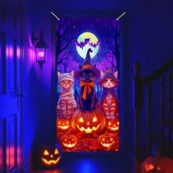Halloween Door Cover Neon Scarecrow with Pumpkins Banner, Glowing Blacklight Entrance Decoration for Outdoor & Indoor 2025 Halloween Bedroom, Living Room, Bathroom