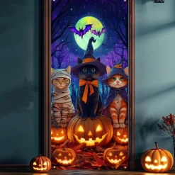 Halloween Door Cover Neon Scarecrow with Pumpkins Banner, Glowing Blacklight Entrance Decoration for Outdoor & Indoor 2025 Halloween Bedroom, Living Room, Bathroom