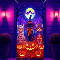 Halloween Door Cover Neon Scarecrow with Pumpkins Banner, Glowing Blacklight Entrance Decoration for Outdoor & Indoor 2025 Halloween Bedroom, Living Room, Bathroom