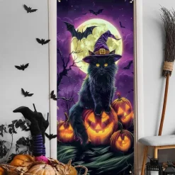 Halloween Door Cover Neon Scarecrow with Pumpkins Banner, Glowing Blacklight Entrance Decoration for Outdoor & Indoor 2025 Halloween Bedroom, Living Room, Bathroom