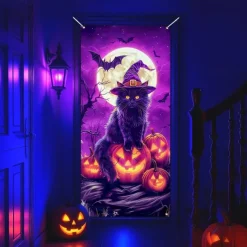 Halloween Door Cover Neon Scarecrow with Pumpkins Banner, Glowing Blacklight Entrance Decoration for Outdoor & Indoor 2025 Halloween Bedroom, Living Room, Bathroom