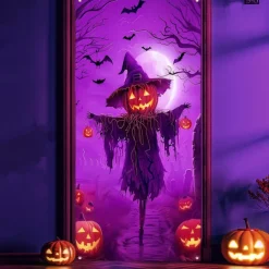 Halloween Door Cover Neon Pumpkin Face through Window Banner, Glowing Blacklight Entrance Decoration for Outdoor & Indoor 2025 Halloween Bedroom, Living Room, Bathroom