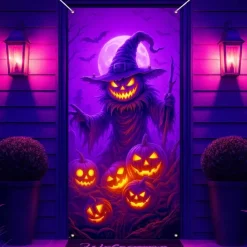 Halloween Door Cover Neon Pumpkin Face through Window Banner, Glowing Blacklight Entrance Decoration for Outdoor & Indoor 2025 Halloween Bedroom, Living Room, Bathroom