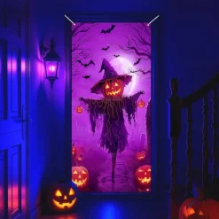 Halloween Door Cover Neon Pumpkin Face through Window Banner, Glowing Blacklight Entrance Decoration for Outdoor & Indoor 2025 Halloween Bedroom, Living Room, Bathroom