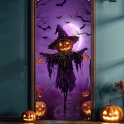 Halloween Door Cover Neon Pumpkin Face through Window Banner, Glowing Blacklight Entrance Decoration for Outdoor & Indoor 2025 Halloween Bedroom, Living Room, Bathroom