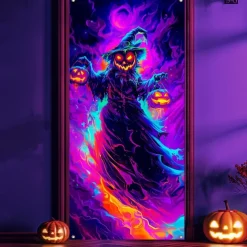 Halloween Door Cover Neon Pumpkin Face through Window Banner, Glowing Blacklight Entrance Decoration for Outdoor & Indoor 2025 Halloween Bedroom, Living Room, Bathroom