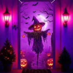 Halloween Door Cover Neon Pumpkin Face through Window Banner, Glowing Blacklight Entrance Decoration for Outdoor & Indoor 2025 Halloween Bedroom, Living Room, Bathroom