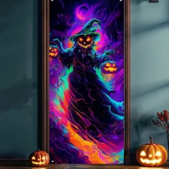 Halloween Door Cover Neon Pumpkin Face through Window Banner, Glowing Blacklight Entrance Decoration for Outdoor & Indoor 2025 Halloween Bedroom, Living Room, Bathroom