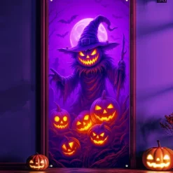 Halloween Door Cover Neon Pumpkin Face through Window Banner, Glowing Blacklight Entrance Decoration for Outdoor & Indoor 2025 Halloween Bedroom, Living Room, Bathroom