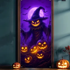 Halloween Door Cover Neon Pumpkin Face through Window Banner, Glowing Blacklight Entrance Decoration for Outdoor & Indoor 2025 Halloween Bedroom, Living Room, Bathroom