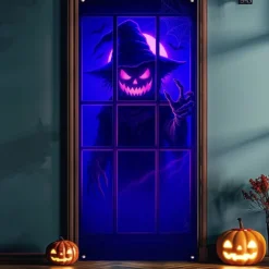 Halloween Door Cover Neon Pumpkin Face through Window Banner, Glowing Blacklight Entrance Decoration for Outdoor & Indoor 2025 Halloween Bedroom, Living Room, Bathroom