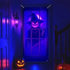 Halloween Door Cover Neon Pumpkin Face through Window Banner, Glowing Blacklight Entrance Decoration for Outdoor & Indoor 2025 Halloween Bedroom, Living Room, Bathroom