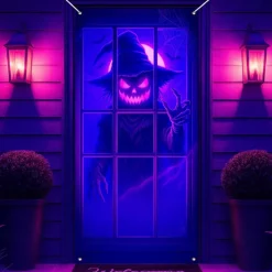 Halloween Door Cover Neon Pumpkin Face through Window Banner, Glowing Blacklight Entrance Decoration for Outdoor & Indoor 2025 Halloween Bedroom, Living Room, Bathroom