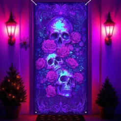 Halloween Door Cover Neon Skull and Roses Banner, Glowing Blacklight Entrance Decoration for Outdoor & Indoor 2025 Halloween Bedroom, Living Room, Bathroom