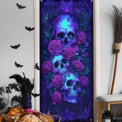 Halloween Door Cover Neon Skull and Roses Banner, Glowing Blacklight Entrance Decoration for Outdoor & Indoor 2025 Halloween Bedroom, Living Room, Bathroom