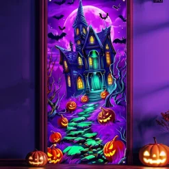 Halloween Door Cover Neon Haunted House with Full Moon Banner, Glowing Blacklight Entrance Decoration for Outdoor & Indoor 2025 Halloween Bedroom, Living Room, Bathroom