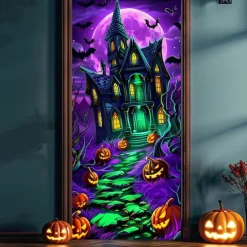 Halloween Door Cover Neon Haunted House with Full Moon Banner, Glowing Blacklight Entrance Decoration for Outdoor & Indoor 2025 Halloween Bedroom, Living Room, Bathroom