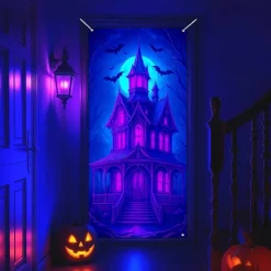 Halloween Door Cover Neon Haunted House with Full Moon Banner, Glowing Blacklight Entrance Decoration for Outdoor & Indoor 2025 Halloween Bedroom, Living Room, Bathroom